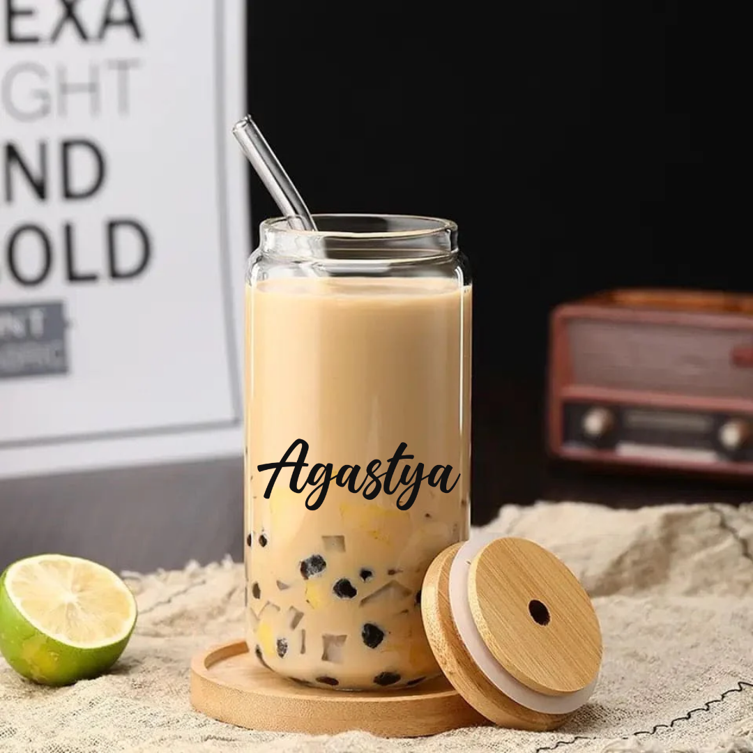 Personalised Glass Tumblers with wooden Lid and straw