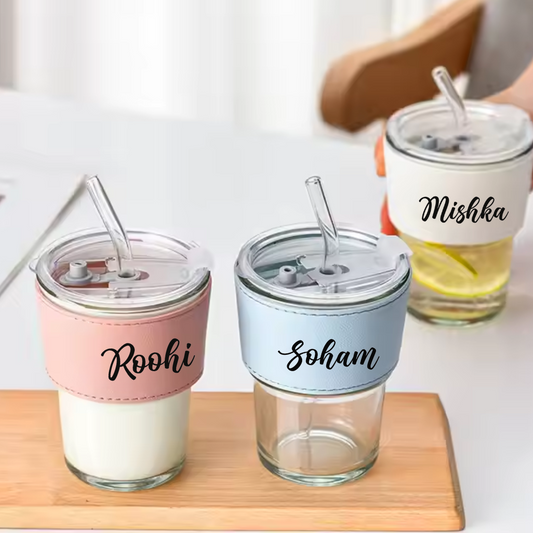Leather Grip Glass Tumbler with a straw