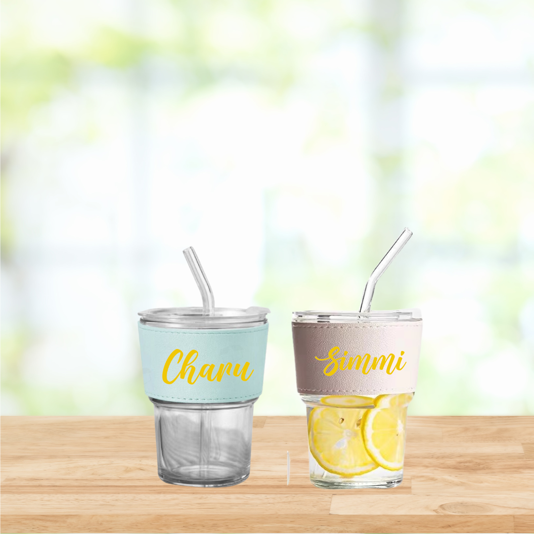 Leather Grip Glass Tumbler with a straw
