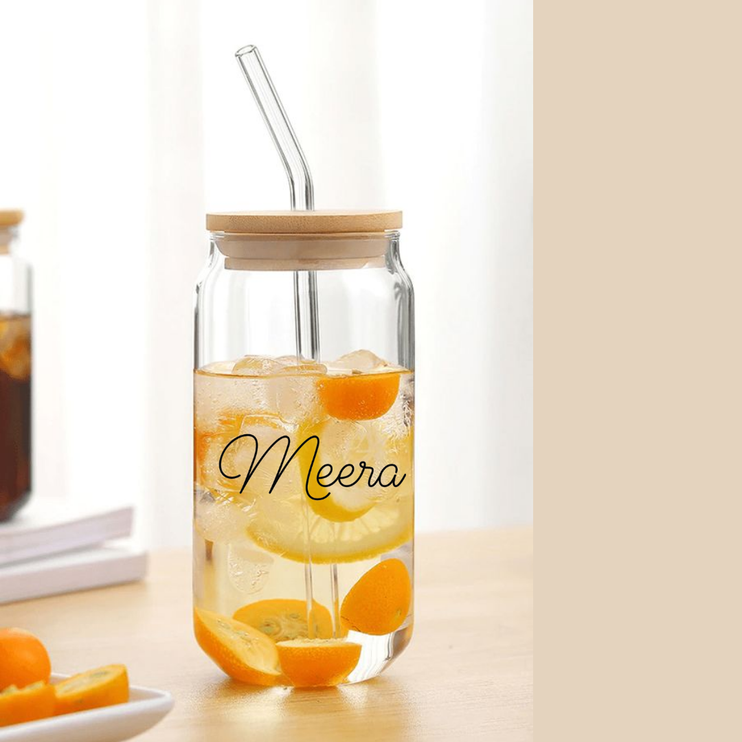 Personalised Glass Tumblers with wooden Lid and straw