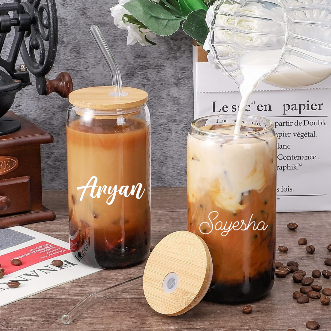 Personalised Glass Tumblers with wooden Lid and straw