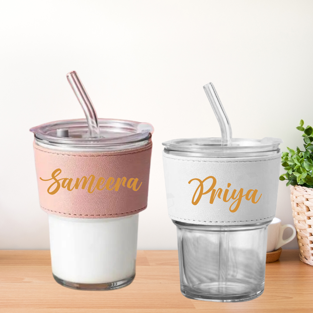 Leather Grip Glass Tumbler with a straw